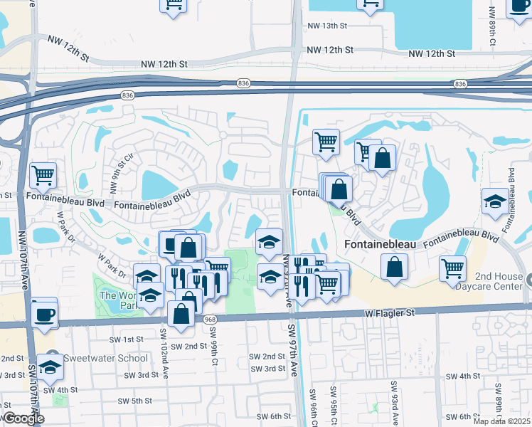 map of restaurants, bars, coffee shops, grocery stores, and more near 619 Northwest 97th Place in Miami