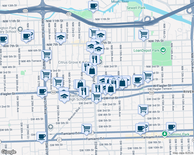 map of restaurants, bars, coffee shops, grocery stores, and more near 2176 Northwest 1st Terrace in Miami