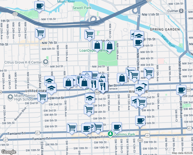 map of restaurants, bars, coffee shops, grocery stores, and more near 100 Northwest 16th Avenue in Miami