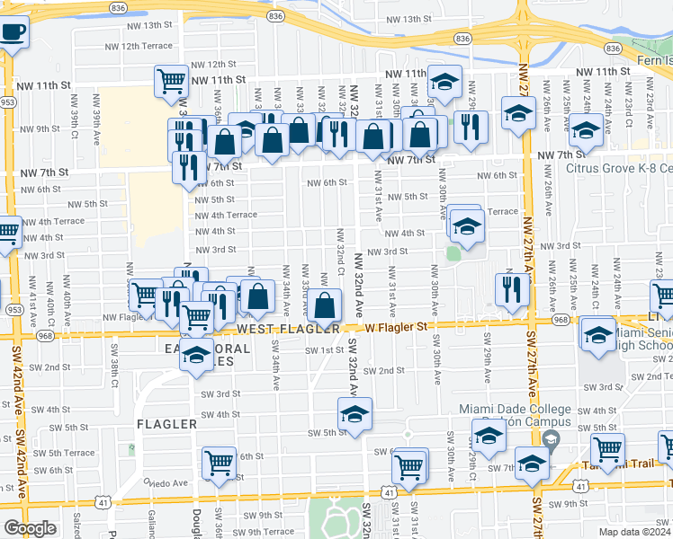 map of restaurants, bars, coffee shops, grocery stores, and more near 200 Northwest 32nd Court in Miami