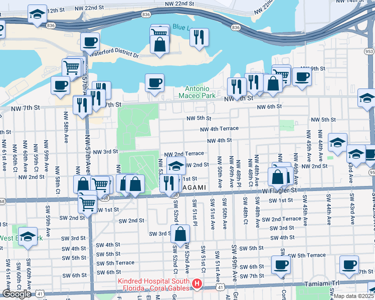 map of restaurants, bars, coffee shops, grocery stores, and more near 250 Northwest 52nd Avenue in Miami