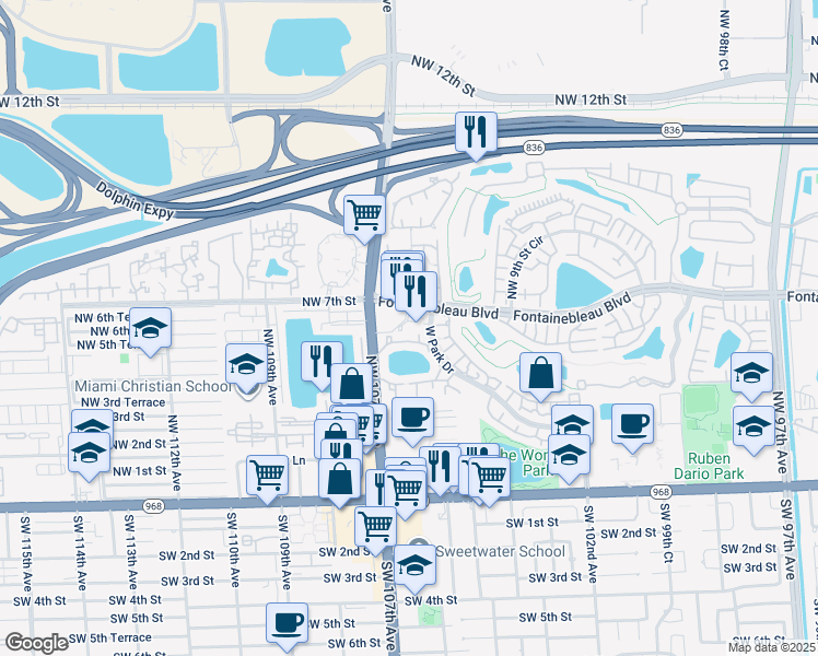 map of restaurants, bars, coffee shops, grocery stores, and more near 601649 Northwest 107th Avenue in Miami