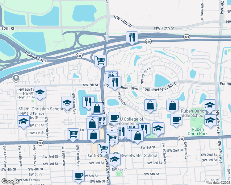 map of restaurants, bars, coffee shops, grocery stores, and more near 650 West Park Drive in Miami