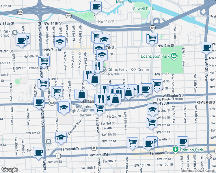 map of restaurants, bars, coffee shops, grocery stores, and more near 101 Northwest 21st Avenue in Miami