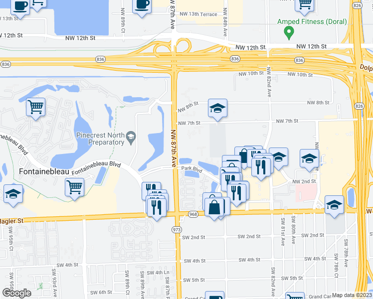 map of restaurants, bars, coffee shops, grocery stores, and more near 390 Northwest 86th Court in Miami