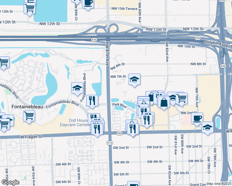 map of restaurants, bars, coffee shops, grocery stores, and more near 390 Northwest 86th Court in Miami