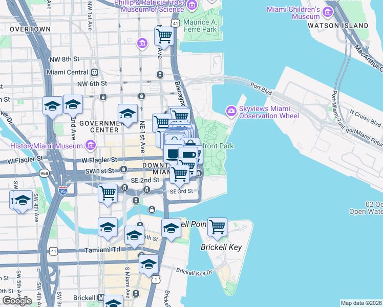 map of restaurants, bars, coffee shops, grocery stores, and more near 20 Biscayne Boulevard in Miami