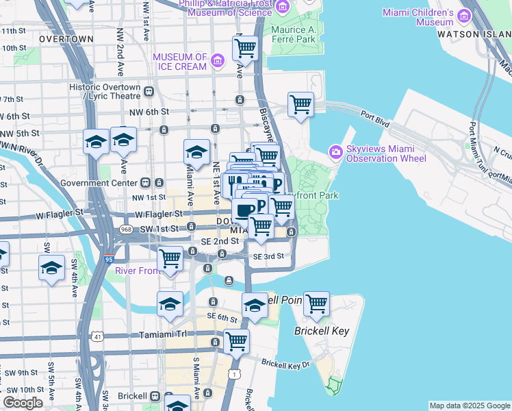 map of restaurants, bars, coffee shops, grocery stores, and more near 100 Northeast 2nd Avenue in Miami