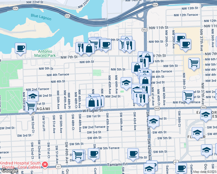 map of restaurants, bars, coffee shops, grocery stores, and more near 274 Northwest 45th Avenue in Miami