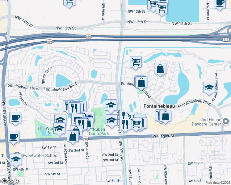 map of restaurants, bars, coffee shops, grocery stores, and more near 9705 Northwest 6th Terrace in Miami