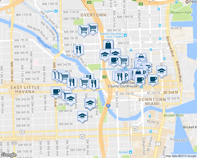 map of restaurants, bars, coffee shops, grocery stores, and more near 25 Northwest North River Drive in Miami