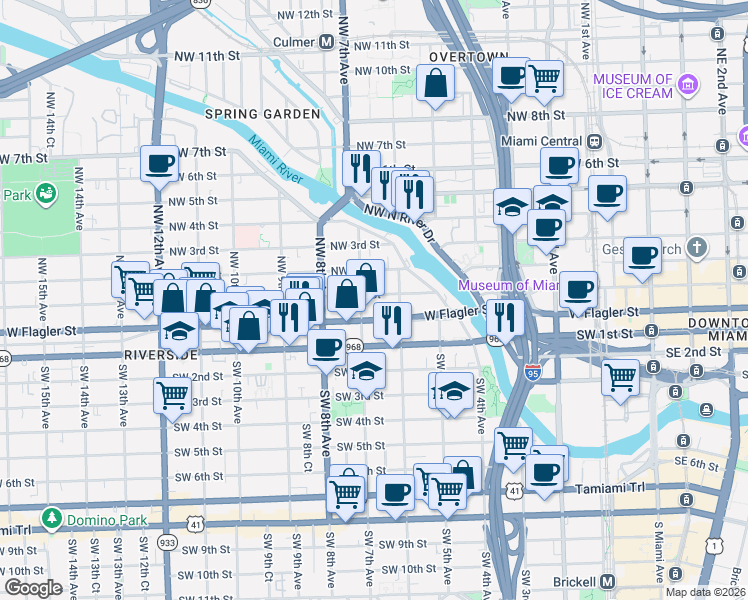 map of restaurants, bars, coffee shops, grocery stores, and more near 628 Northwest 1st Street in Miami