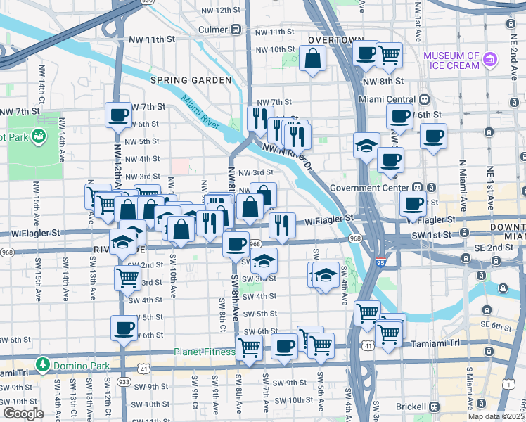 map of restaurants, bars, coffee shops, grocery stores, and more near in Miami
