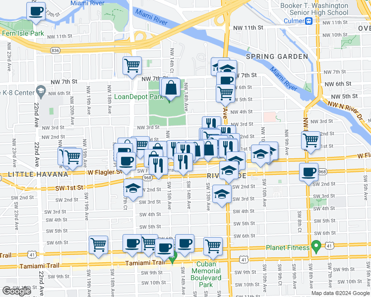 map of restaurants, bars, coffee shops, grocery stores, and more near 1421 Northwest 1st Street in Miami