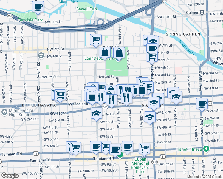 map of restaurants, bars, coffee shops, grocery stores, and more near 1511 Northwest 1st Street in Miami