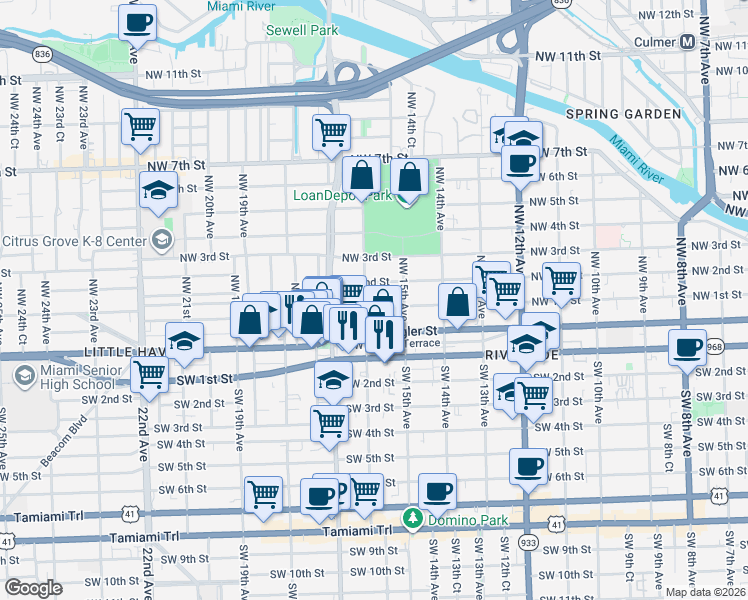 map of restaurants, bars, coffee shops, grocery stores, and more near 100 Northwest 16th Avenue in Miami