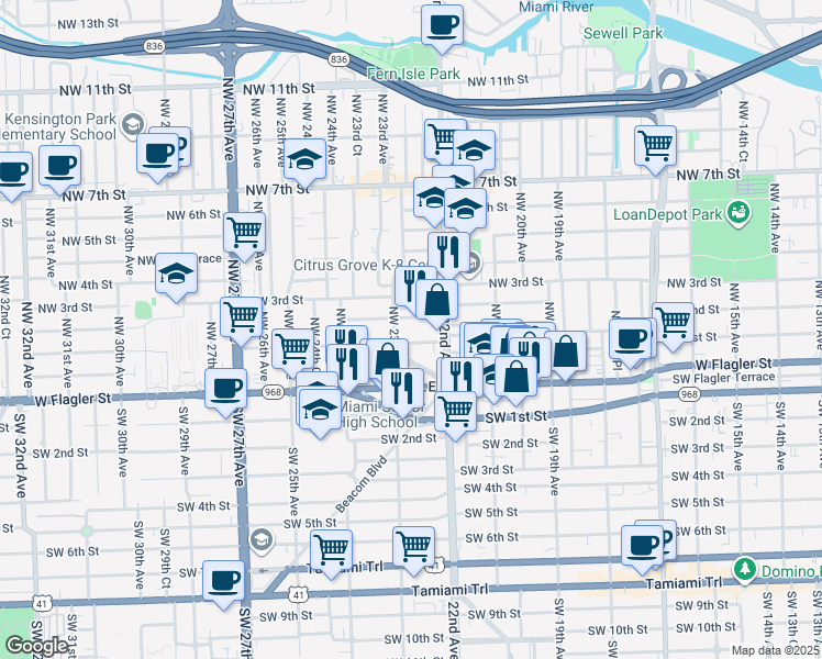 map of restaurants, bars, coffee shops, grocery stores, and more near 2253 Northwest 1st Street in Miami