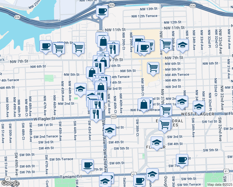map of restaurants, bars, coffee shops, grocery stores, and more near 247 Northwest 40th Court in Miami