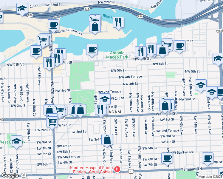 map of restaurants, bars, coffee shops, grocery stores, and more near 250 Northwest 52nd Avenue in Miami