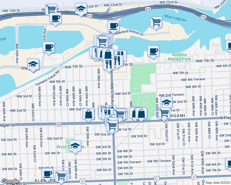map of restaurants, bars, coffee shops, grocery stores, and more near 5651 Northwest 3rd Street in Miami