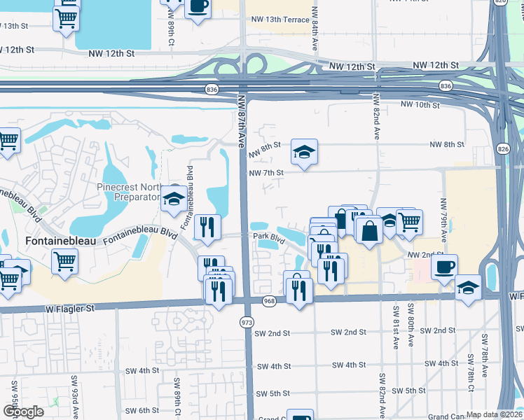 map of restaurants, bars, coffee shops, grocery stores, and more near 390 Northwest 86th Court in Miami