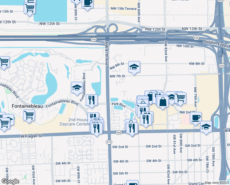 map of restaurants, bars, coffee shops, grocery stores, and more near 390 Northwest 86th Court in Miami
