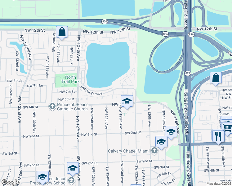 map of restaurants, bars, coffee shops, grocery stores, and more near 705 Northwest 123rd Avenue in Miami