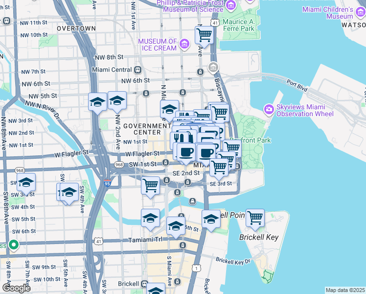 map of restaurants, bars, coffee shops, grocery stores, and more near 14 Northeast 1st Avenue in Miami