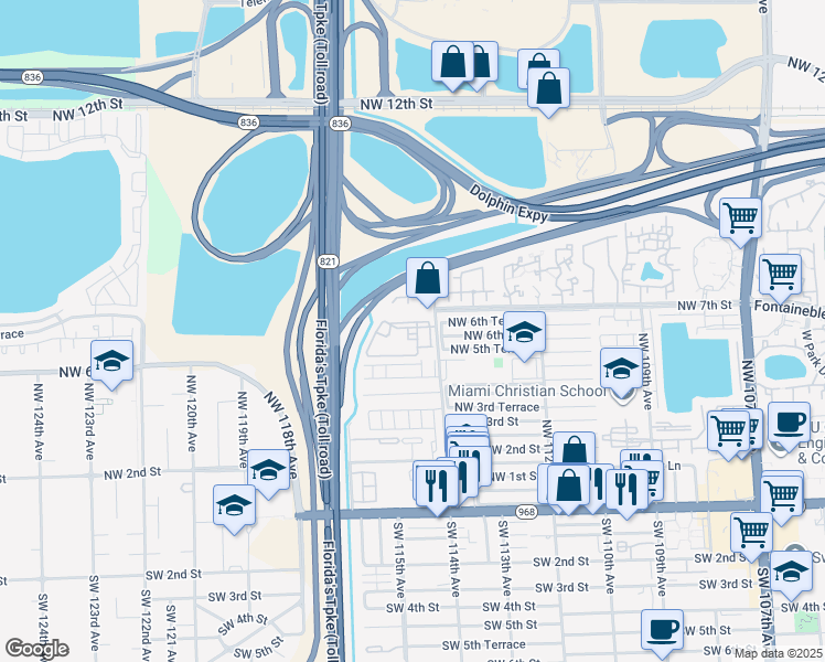 map of restaurants, bars, coffee shops, grocery stores, and more near 530 Northwest 114th Avenue in Miami
