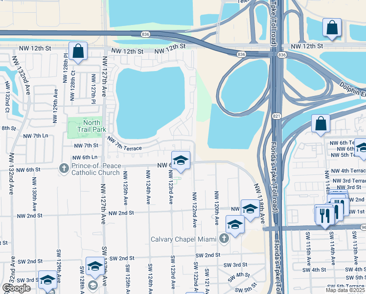 map of restaurants, bars, coffee shops, grocery stores, and more near 12239 Northwest 7th Street in Miami