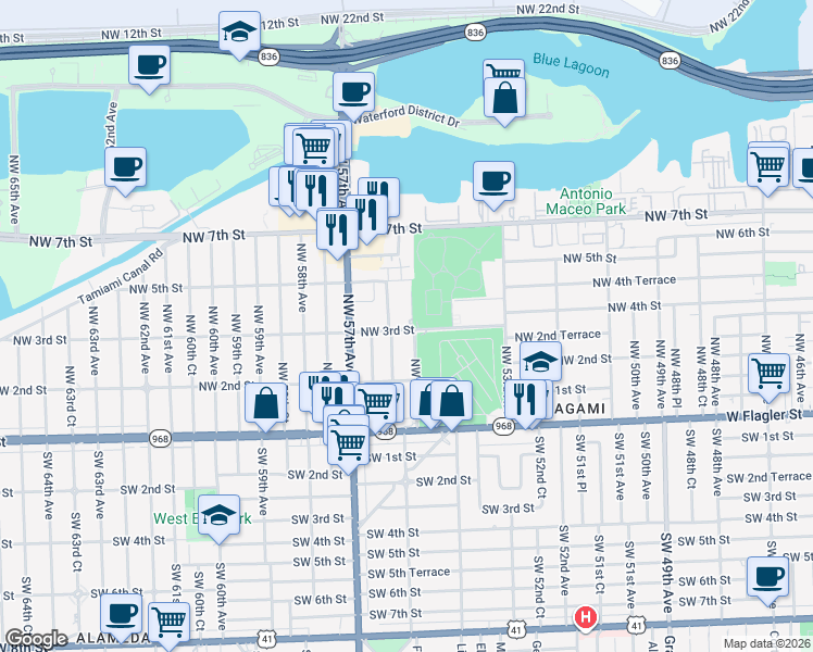 map of restaurants, bars, coffee shops, grocery stores, and more near 5525 Northwest 3rd Street in Miami