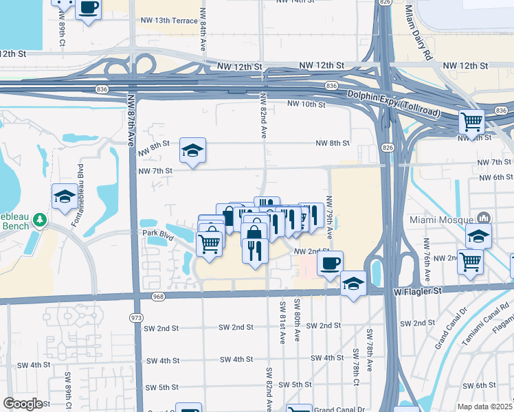 map of restaurants, bars, coffee shops, grocery stores, and more near 498 NW 82nd Ave in Miami