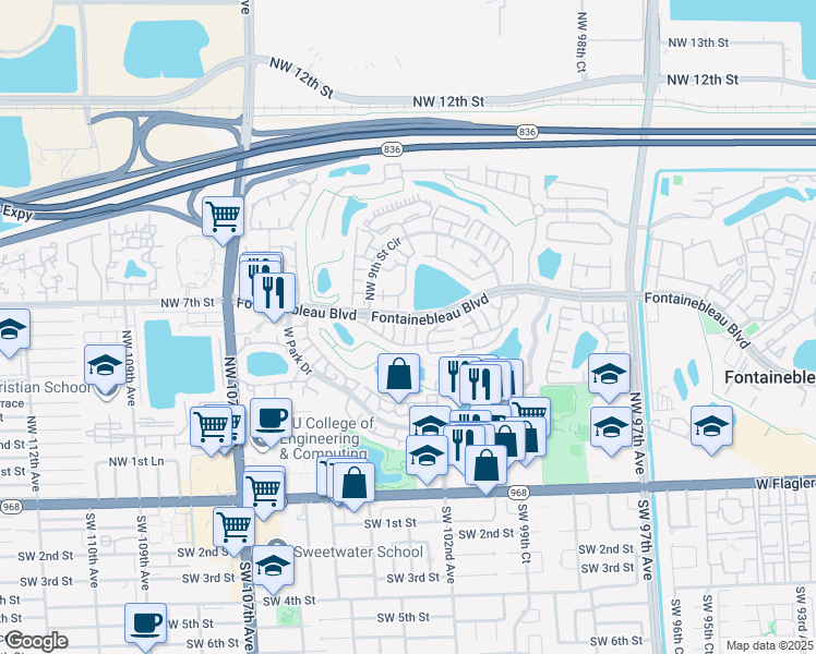 map of restaurants, bars, coffee shops, grocery stores, and more near 643 Northwest 102nd Place in Miami