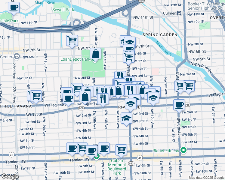 map of restaurants, bars, coffee shops, grocery stores, and more near 1337 Northwest 1st Street in Miami