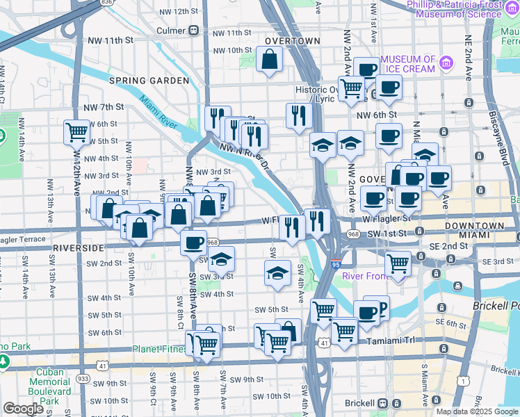 map of restaurants, bars, coffee shops, grocery stores, and more near 530 Northwest 1st Street in Miami