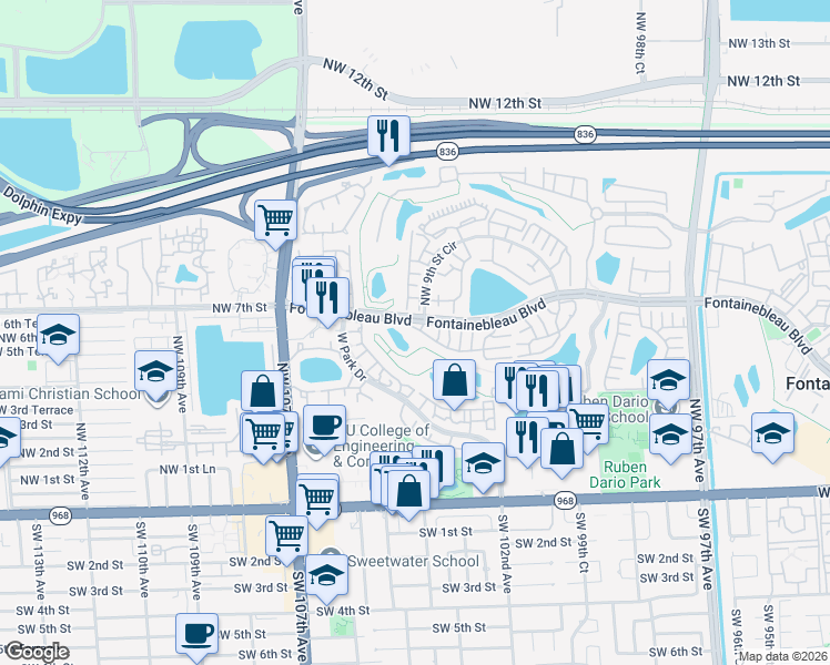 map of restaurants, bars, coffee shops, grocery stores, and more near 10370 Northwest 5th Terrace in Miami