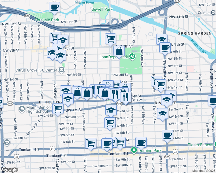 map of restaurants, bars, coffee shops, grocery stores, and more near 1700 Northwest 1st Street in Miami