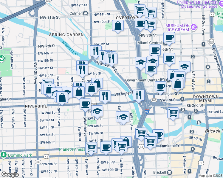 map of restaurants, bars, coffee shops, grocery stores, and more near 530 Northwest 1st Street in Miami