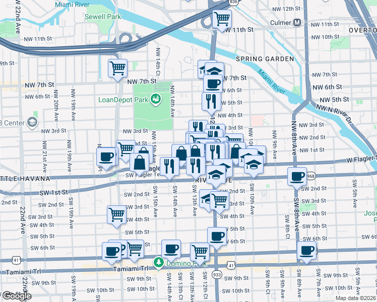 map of restaurants, bars, coffee shops, grocery stores, and more near 1337 Northwest 1st Street in Miami