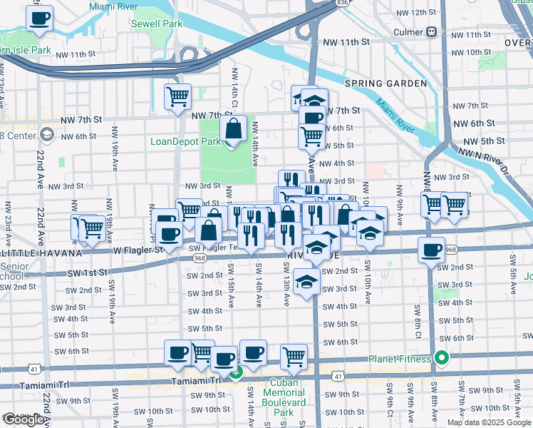 map of restaurants, bars, coffee shops, grocery stores, and more near 1337 Northwest 1st Street in Miami