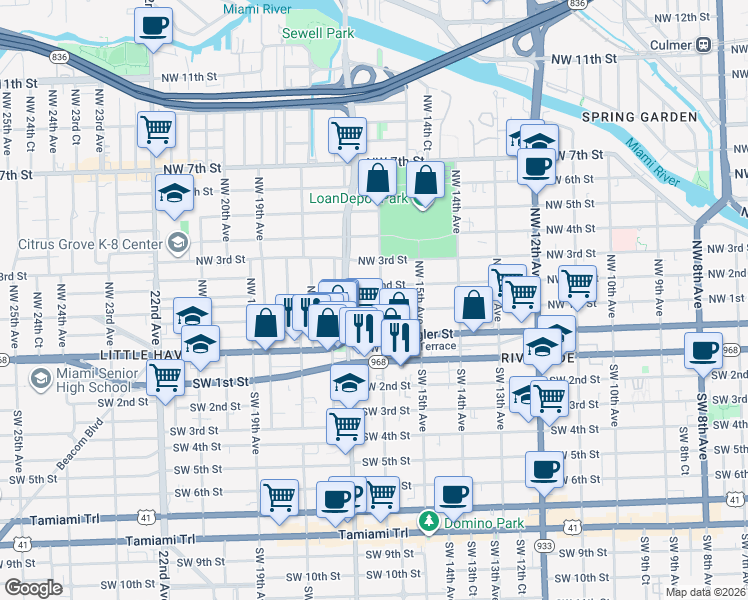 map of restaurants, bars, coffee shops, grocery stores, and more near 100 Northwest 16th Avenue in Miami