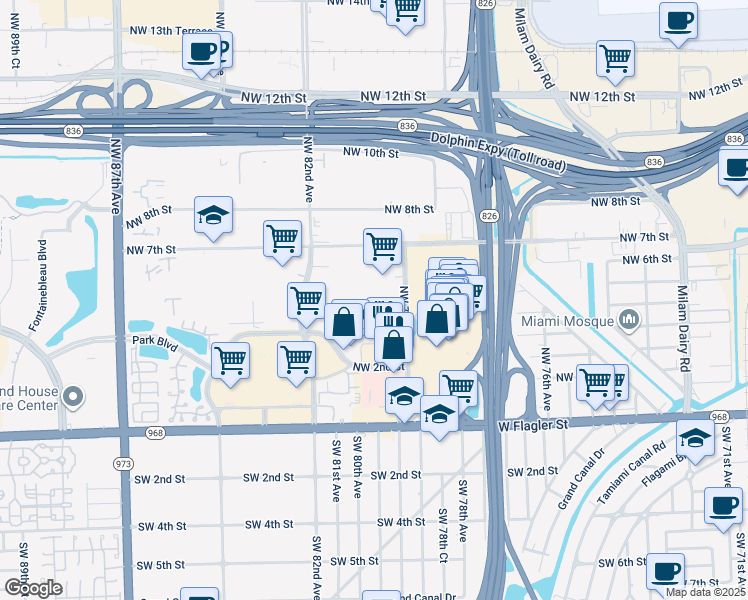 map of restaurants, bars, coffee shops, grocery stores, and more near 430 Northwest 79th Avenue in Miami