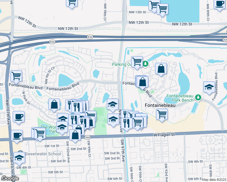 map of restaurants, bars, coffee shops, grocery stores, and more near 619 Northwest 97th Place in Miami