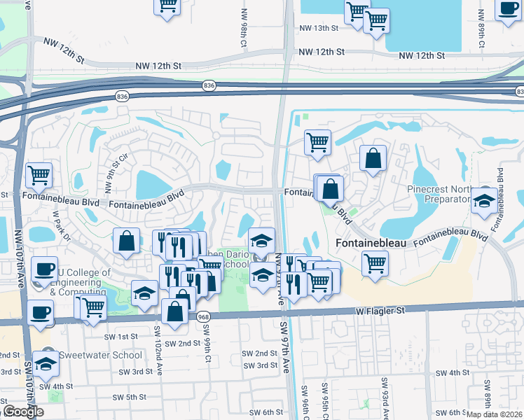 map of restaurants, bars, coffee shops, grocery stores, and more near 619 Northwest 97th Place in Miami