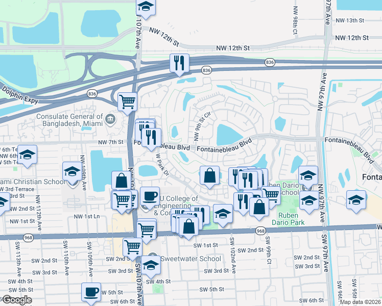 map of restaurants, bars, coffee shops, grocery stores, and more near 10370 Northwest 5th Terrace in Miami
