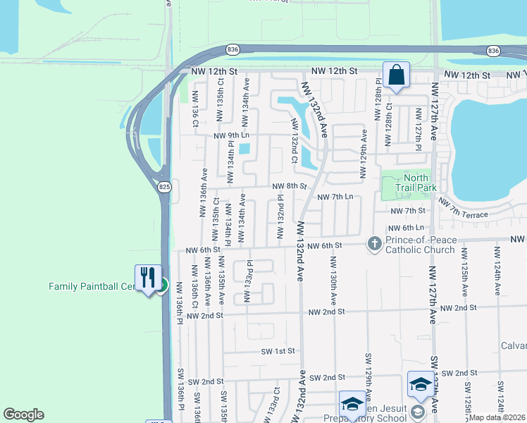 map of restaurants, bars, coffee shops, grocery stores, and more near 730 Northwest 133rd Court in Miami