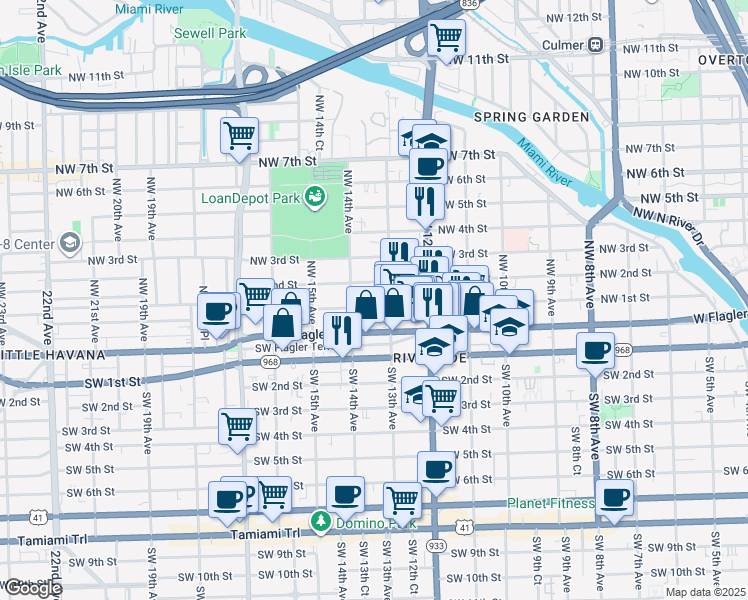 map of restaurants, bars, coffee shops, grocery stores, and more near 1337 Northwest 1st Street in Miami
