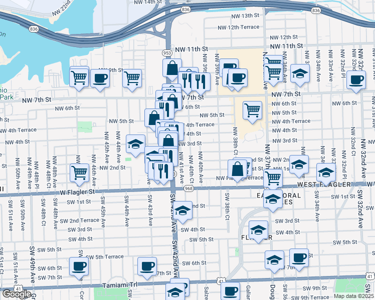 map of restaurants, bars, coffee shops, grocery stores, and more near 247 Northwest 40th Court in Miami