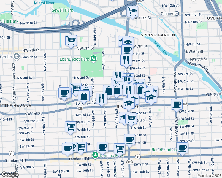 map of restaurants, bars, coffee shops, grocery stores, and more near 1337 Northwest 1st Street in Miami