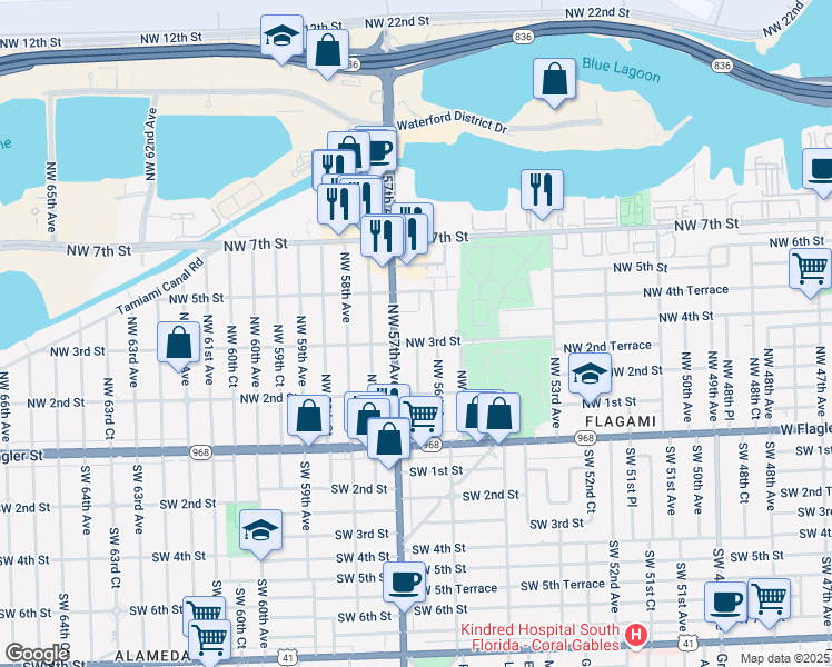 map of restaurants, bars, coffee shops, grocery stores, and more near 5651 Northwest 3rd Street in Miami